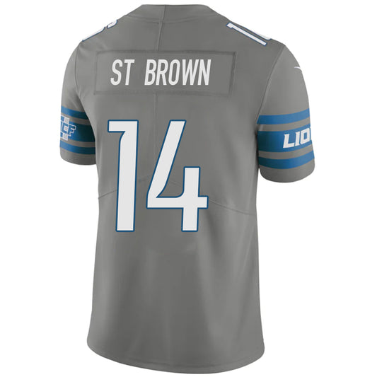 D.Lions #14 Amon-Ra St Brown Gray Stitched Player Game Football Jerseys