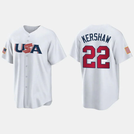 #22 CLAYTON KERSHAW LOS ANGELES DODGERS 2023 WORLD BASEBALL CLASSIC USA REPLICA JERSEY ¨C WHITE Stitches Player Baseball Jerseys