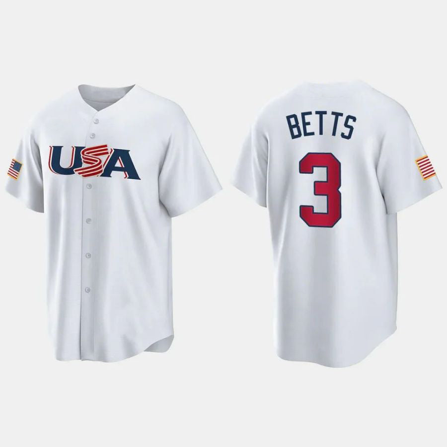 #3 MOOKIE BETTS LOS ANGELES DODGERS 2023 WORLD BASEBALL CLASSIC USA REPLICA JERSEY ¨C WHITE Stitches Player Baseball Jerseys