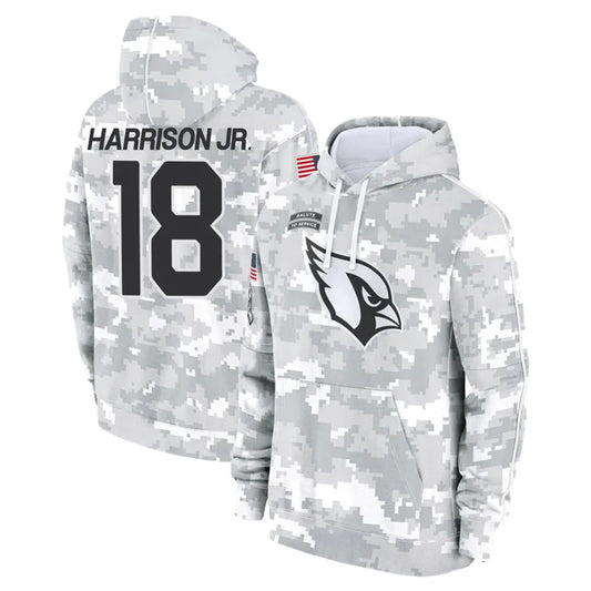 A.Cardinals #18 Marvin Harrison Jr. Player Camo Salute to Service Hoodies Football Jerseys