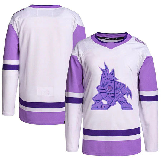 Custom A.Coyotes Hockey Fights Cancer Primegreen Authentic Blank Practice Jersey White Purple Stitched American Hockey Jerseys