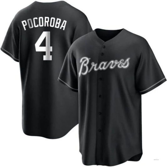 Atlanta Braves #4 Biff Pocoroba Player White Black Jersey Stitches Baseball Jerseys