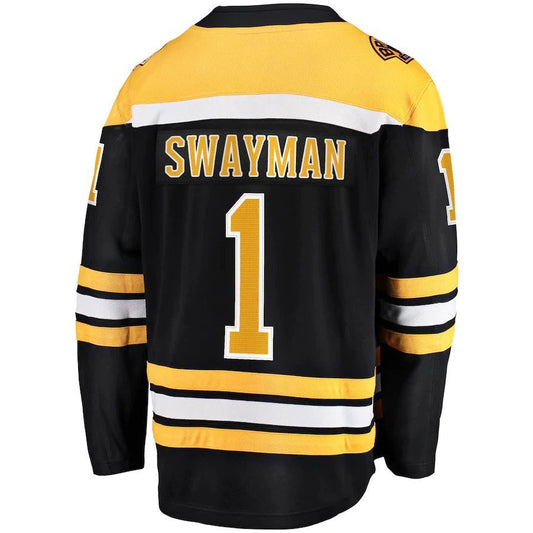 B.Bruins #1 Jeremy Swayman Player Fanatics Branded Home Breakaway Replica Jersey Black Stitched American Hockey Jerseys