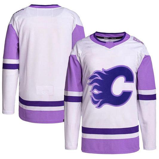 Custom C.Flames Hockey Fights Cancer Primegreen Authentic Blank Practice Jersey White Purple Stitched American Hockey Jerseys