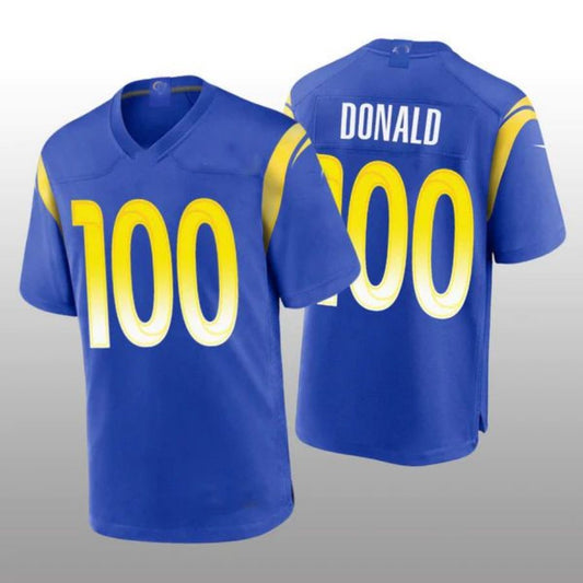 Custom LA.Rams Football Jerseys Aaron Donald Royal Reaches 100 Career Sacks Game Jersey Stitched Jersey