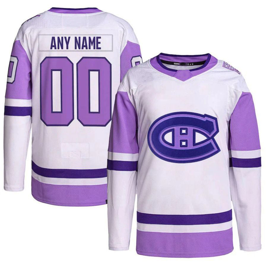 Custom M.Canadiens Hockey Fights Cancer Primegreen Authentic Jersey White Purple Stitched American Hockey Jerseys