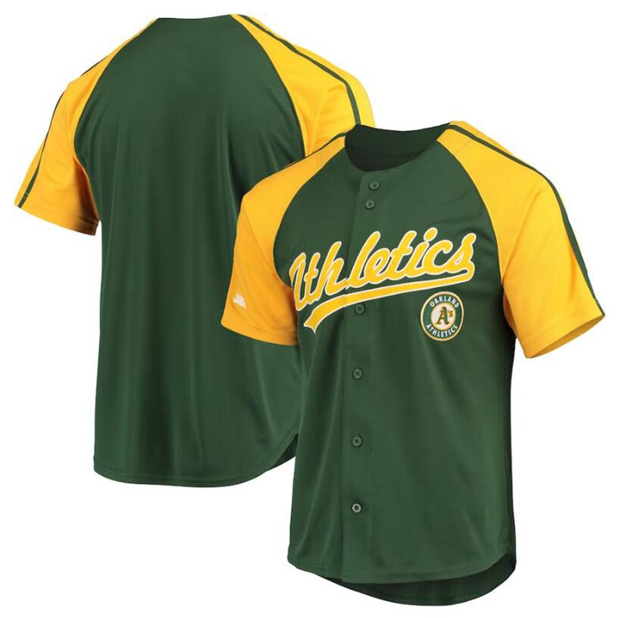 Custom Oakland Athletics Stitches Green Button-Down Raglan Replica Jersey