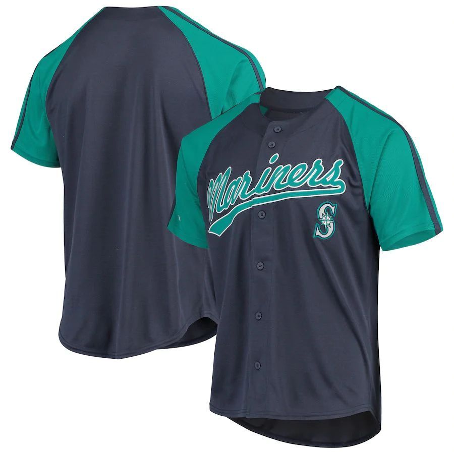 Custom Seattle Mariners Stitches Navy Button-Down Raglan Replica Jersey Baseball Jerseys