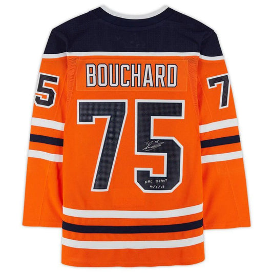 E.Oilers #75 Evan Bouchard Fanatics Authentic Autographed with Debut Inscription Orange Stitched American Hockey Jerseys