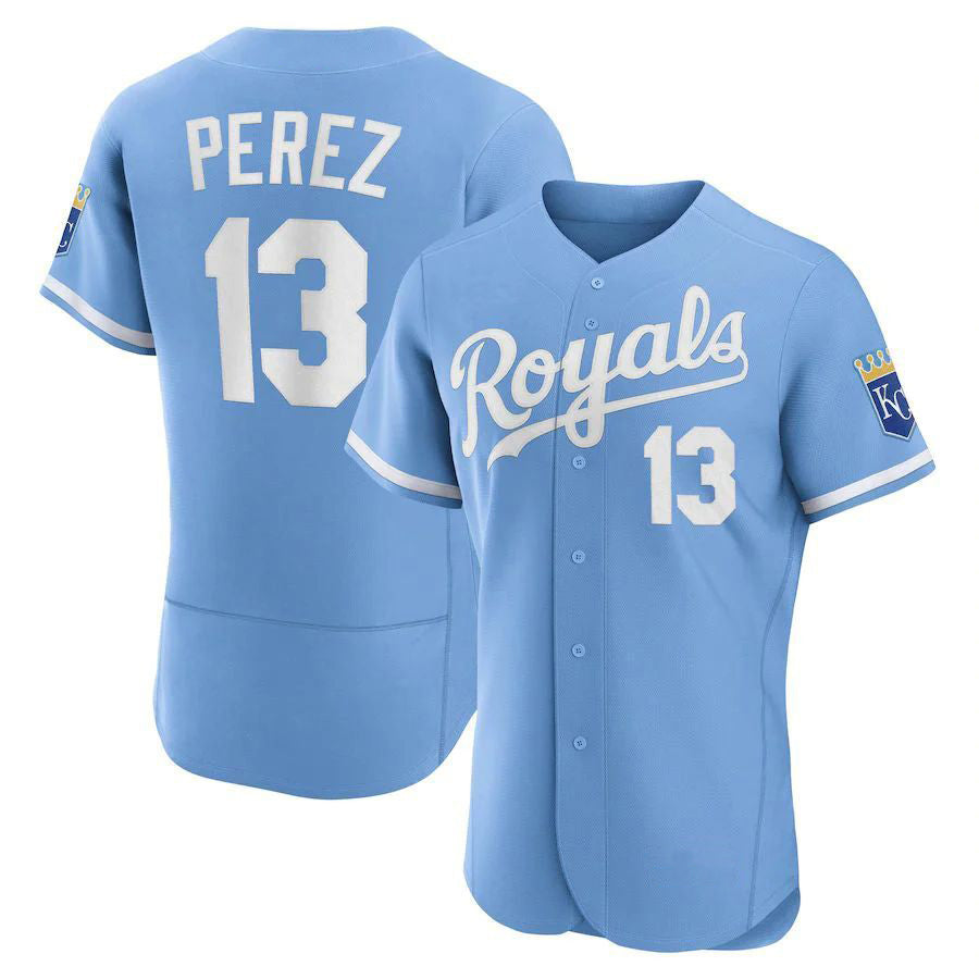 KC.Royals #13 Salvador P¨¦rez Player Light Blue Authentic Elite Baseball Jerseys