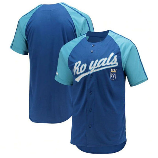 Custom Kansas City Royals Stitches Button-Down Raglan Replica Jersey - Royal Baseball Jerseys