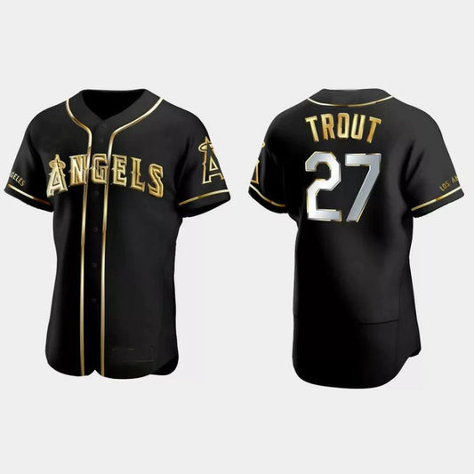 Los Angeles Angels #27 Mike Trout Gold Edition Authentic Jersey ¨C Black Men Youth Women Player Baseball Jerseys
