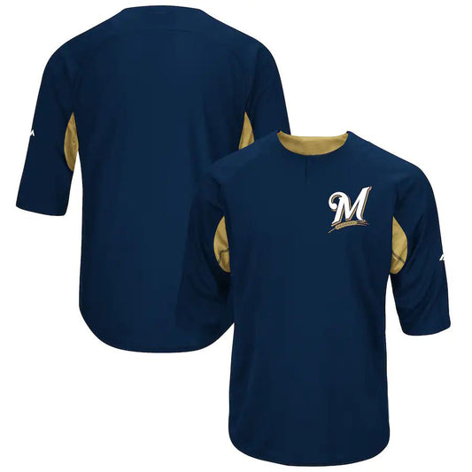 Custom Milwaukee Brewers Majestic Navy-Gold Authentic Collection On-Field Sleeve Batting Practice Game Jersey