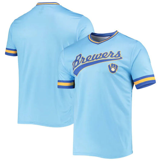 Custom Milwaukee Brewers Stitches Powder Blue-Royal Cooperstown Collection V-Neck Team Bsaeball Jerseys