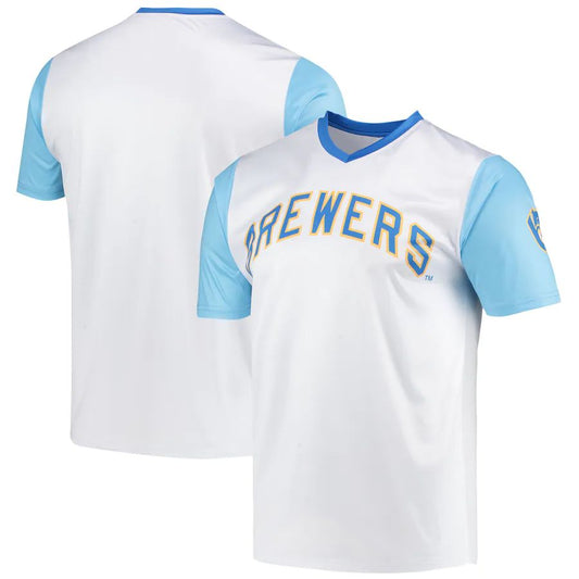 Custom Milwaukee Brewers Stitches White Cooperstown Collection Wordmark V-Neck Baseball Jerseys