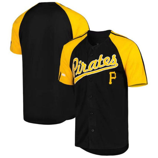 Custom Pittsburgh Pirates Stitches Button-Down Raglan Fashion Jersey - Black Baseball Jerseys