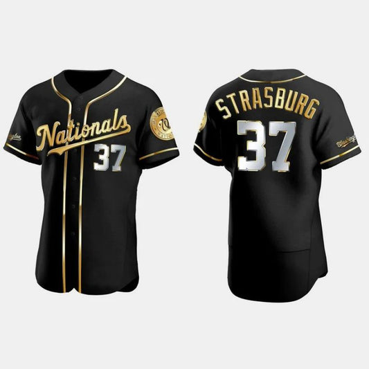 WASHINGTON NATIONALS #37 STEPHEN STRASBURG GOLD EDITION AUTHENTIC JERSEY ¨C BLACK Player Baseball Jerseys