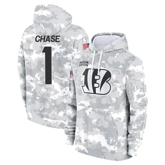 C.Bengals #1 Ja'Marr Chase Player Arctic Camo Salute to Service Pullover Hoodie Football Jerseys