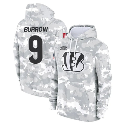 C.Bengals #9 Joe Burrow Player Arctic Camo Salute to Service Pullover Hoodie Football Jerseys