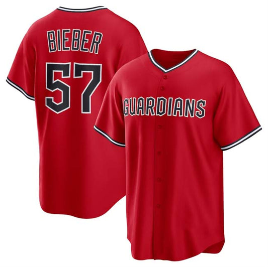 Cleveland Guardians #57 Shane Bieber  Player Red Cool Base Stitched Baseball Jersey
