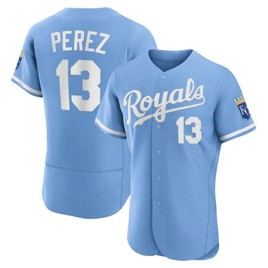 KC.Royals #13 Salvador P¨¦rez Player Light Blue Authentic Elite Baseball Jerseys