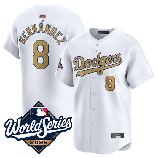 LA.Dodgers #8 Enrique Hern¨¢ndez Player White Gold Collection Limited World Series Baseball Jerseys