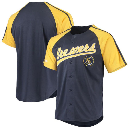 Custom Milwaukee Brewers Stitches Navy Button-Down Raglan Replica Bsaeball Jerseys