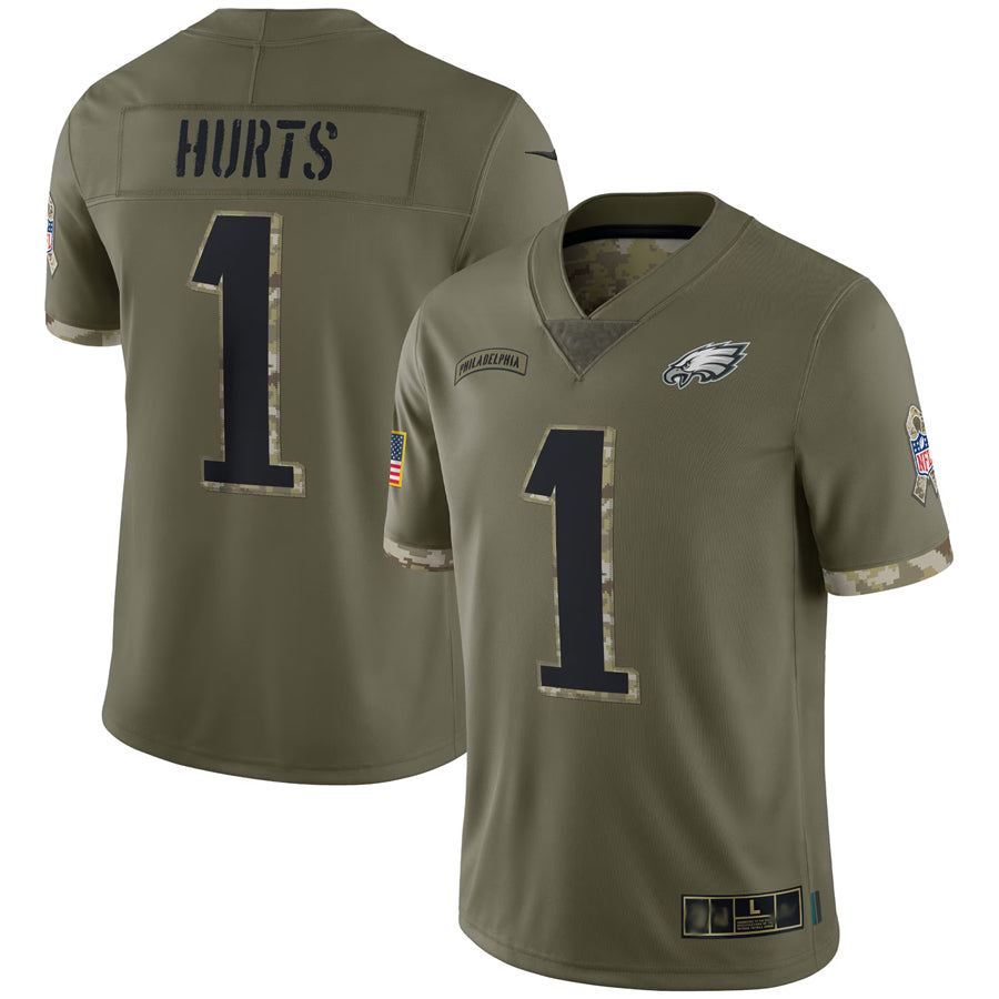 P.Eagles #1 Jalen Hurts Player Salute To Service Olive Football Jerseys