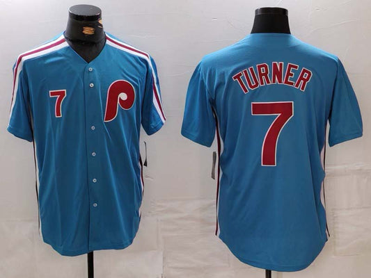 Philadelphia Phillies #7 Trea Turner  Player Number Blue Cooperstown Throwback Cool Base Stitched Baseball Jerseys