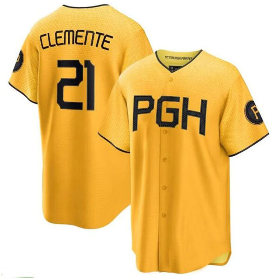 Pittsburgh Pirates #21 Roberto Clemente 2023 City Connect Replica Player Jersey - Gold Baseball Jerseys