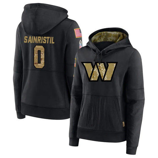 W.Commanders #0 Mike Sainristil Player Black Salute to Service Hoodies Football Jerseys